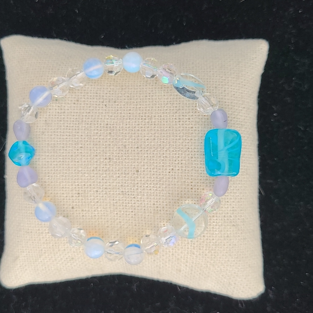 Stretch Bracelet Swarovski Crystal White Turquoise Venetian Glass Beach Gift Fun - Picture 2 of 4